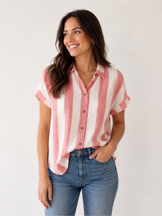 Marine Layer Tops - Marine Layer Red White Stripe Linen Blend Button Down Top Size M